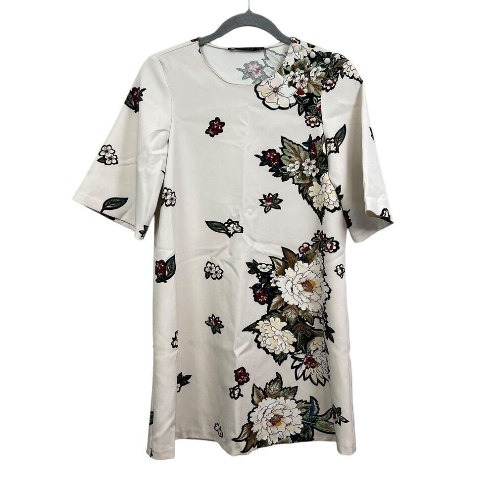 Zara Basic Womens Mini Dress Floral Stretch Bell Sleeves Cream Size XS*
